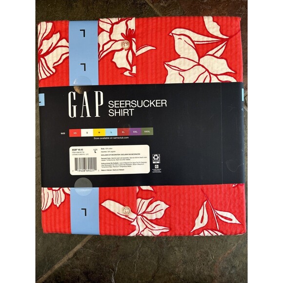 Gap Men Short Sleeve Seersucker Shirt L Cayenne Flower Fill New Red Relaxed - Picture 4 of 12